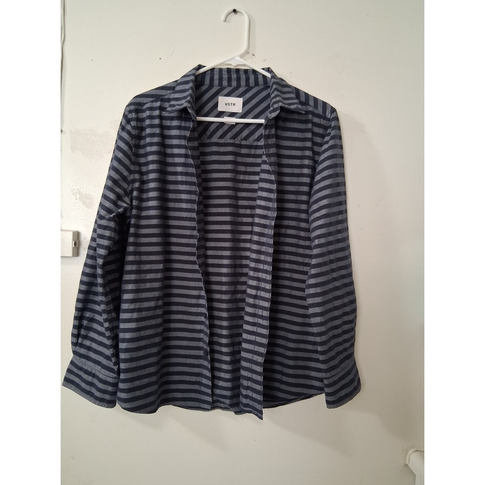 VSTR Womens Navy Gray Striped Long Sleeve Button Down Shirt Size Small